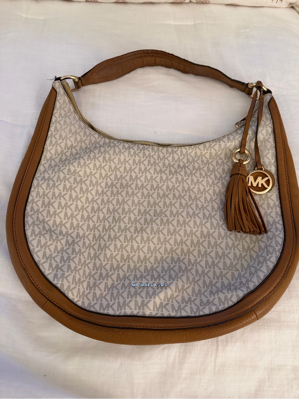 Michael Kors Beige Canvas Hobo with Brown Leather Trim